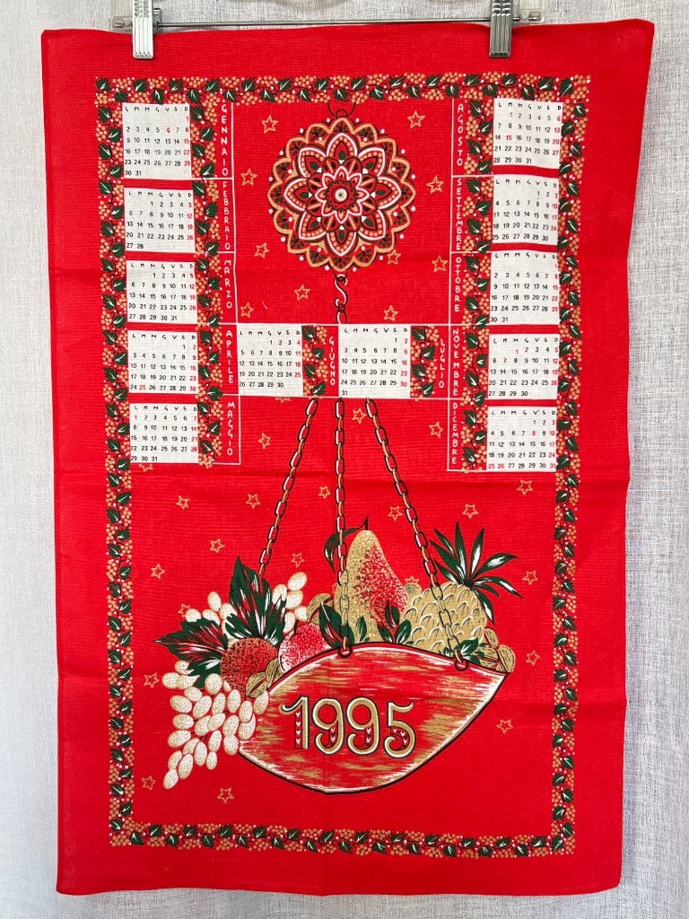 90's Christmas Tea Towel Red Calendar 19" x 28" Hanging Basket of Fruit